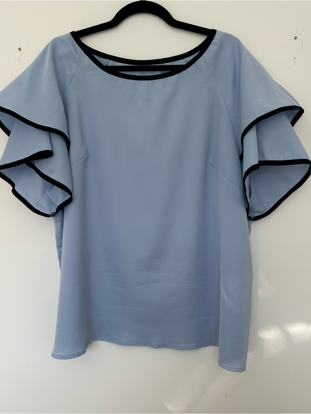 SHEIN Light Blue Flutter Sleeve Blouse with Black Trim